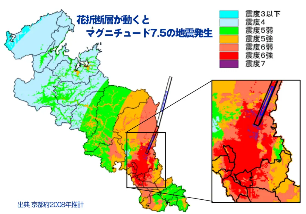 花折断層が動くとマグニチュード7.5程度の地震が発生し、左京区では震度7となります。